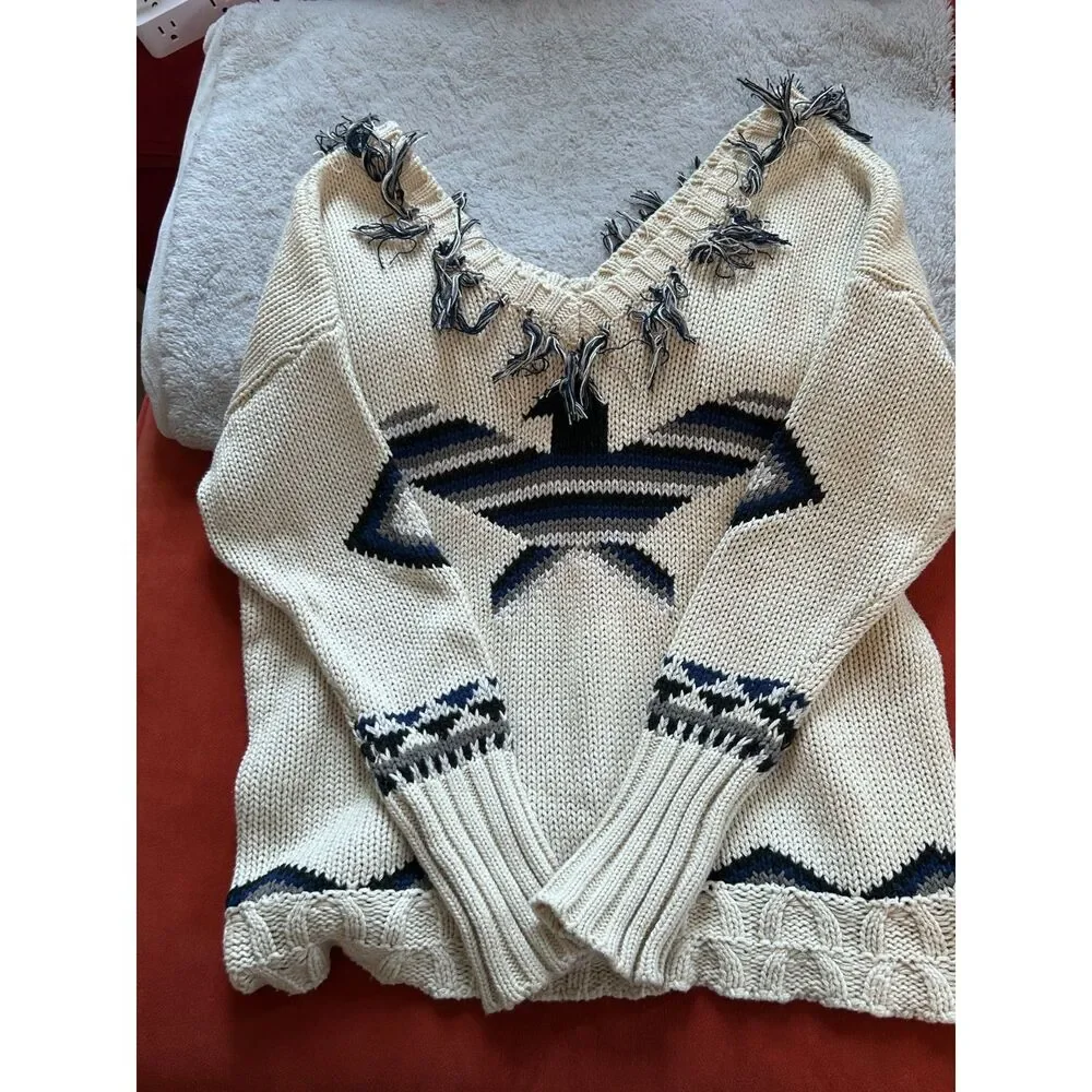 Anthropologie Chaser Deep V Eagle Fringe Chunky Knit Sweater - Size M